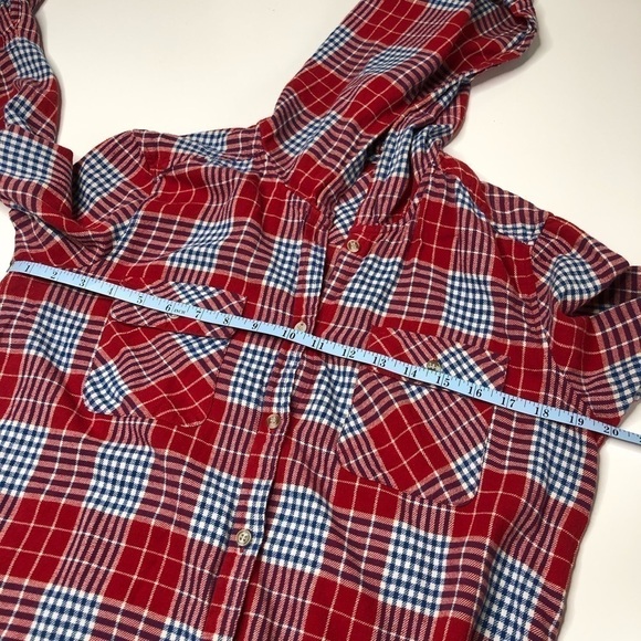 NEVADA Red White & Navy Plaid Button-up Flannel Lumberjack Pocket Hoodie Shirt - Picture 10 of 11
